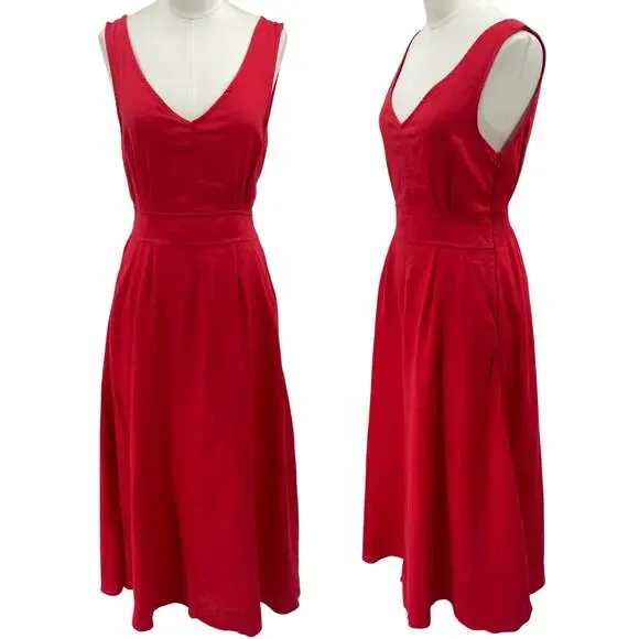 Joie | Dresses | Joie Linen Midi Dress Fit Flare Sleeveless Vneck Smocked  Back Red Womens 4 | Poshmark